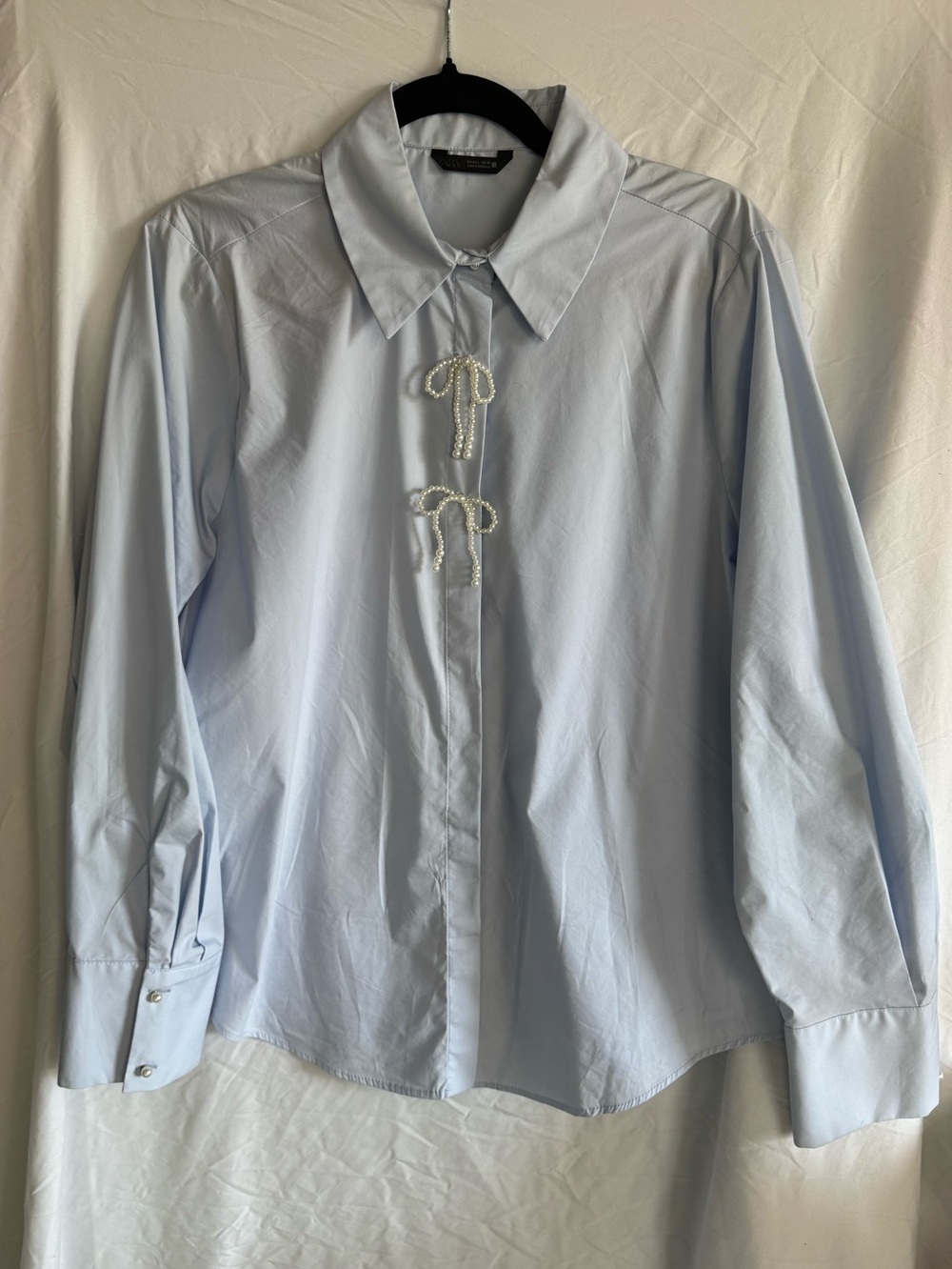 Zara Light Blue Pearl Bow Button-Front Shirt Blouse Size L